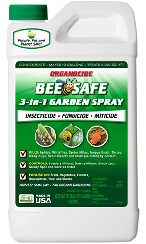 A close up of the packaging of Bee Safe Garden Spray isolated on a white background.