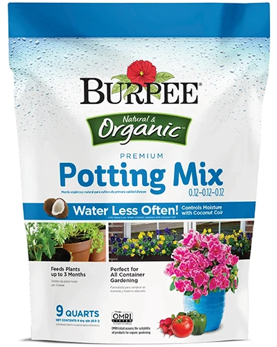 A close up of a bag of Burpee Organic Potting Mix isolated on a white background.