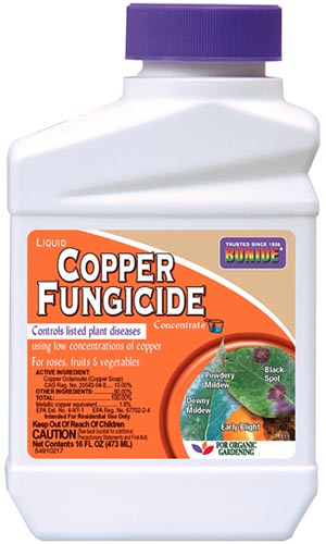 A close up of the packaging of copper fungicide from Bonide, on a white background.