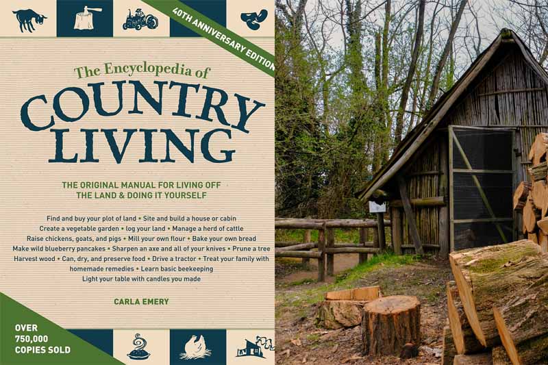 A collage of photos showing the book cover of the Encyclopedia of Country Living and scenes of country living.