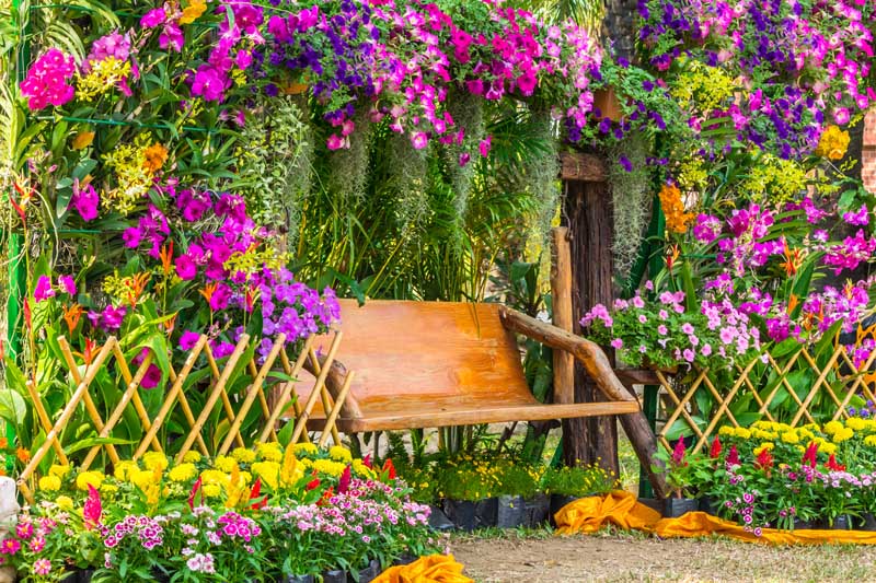 A wooden bench in a colorful flower garden.