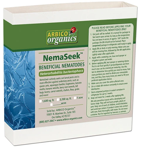 A close up horizontal image of the packaging of NemaSeed beneficial nematodes isolated on a white background.
